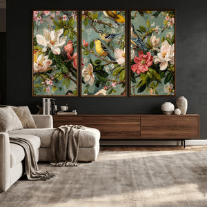Vintage Birds and Flowers Wide Wall Art: Extra Large