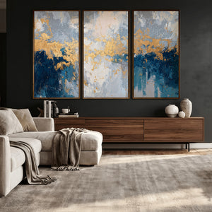 Blue Gold Abstract Large Framed Canvas Wall Art, Modern
