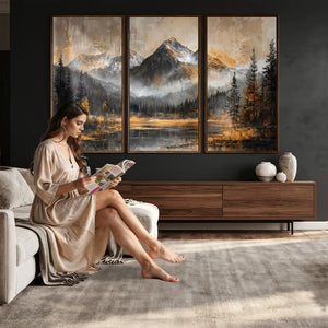 Mountain Lake Canvas Wall Art — Rustic Forest Landscape