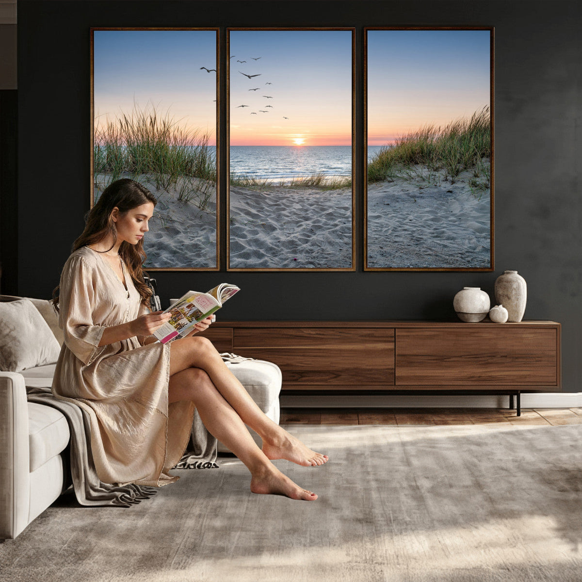 Sandy Dune Path Sunset Canvas Wall Art — Seagulls Beach