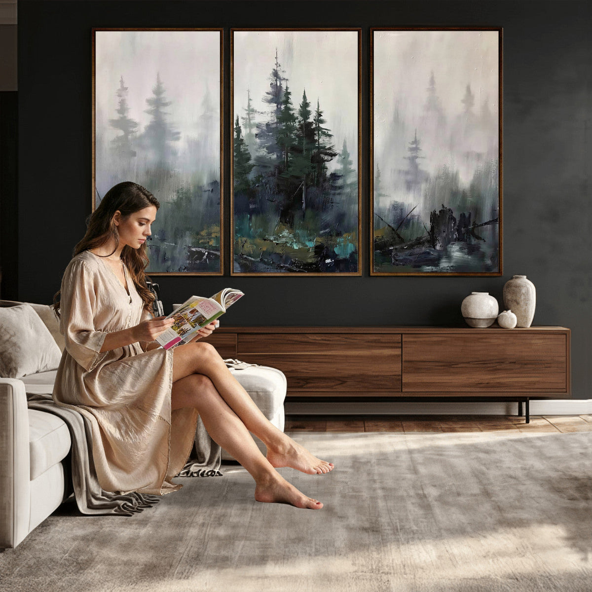 Misty Pine Forest Oil Painting Canvas — Dark Moody Teal Grey
