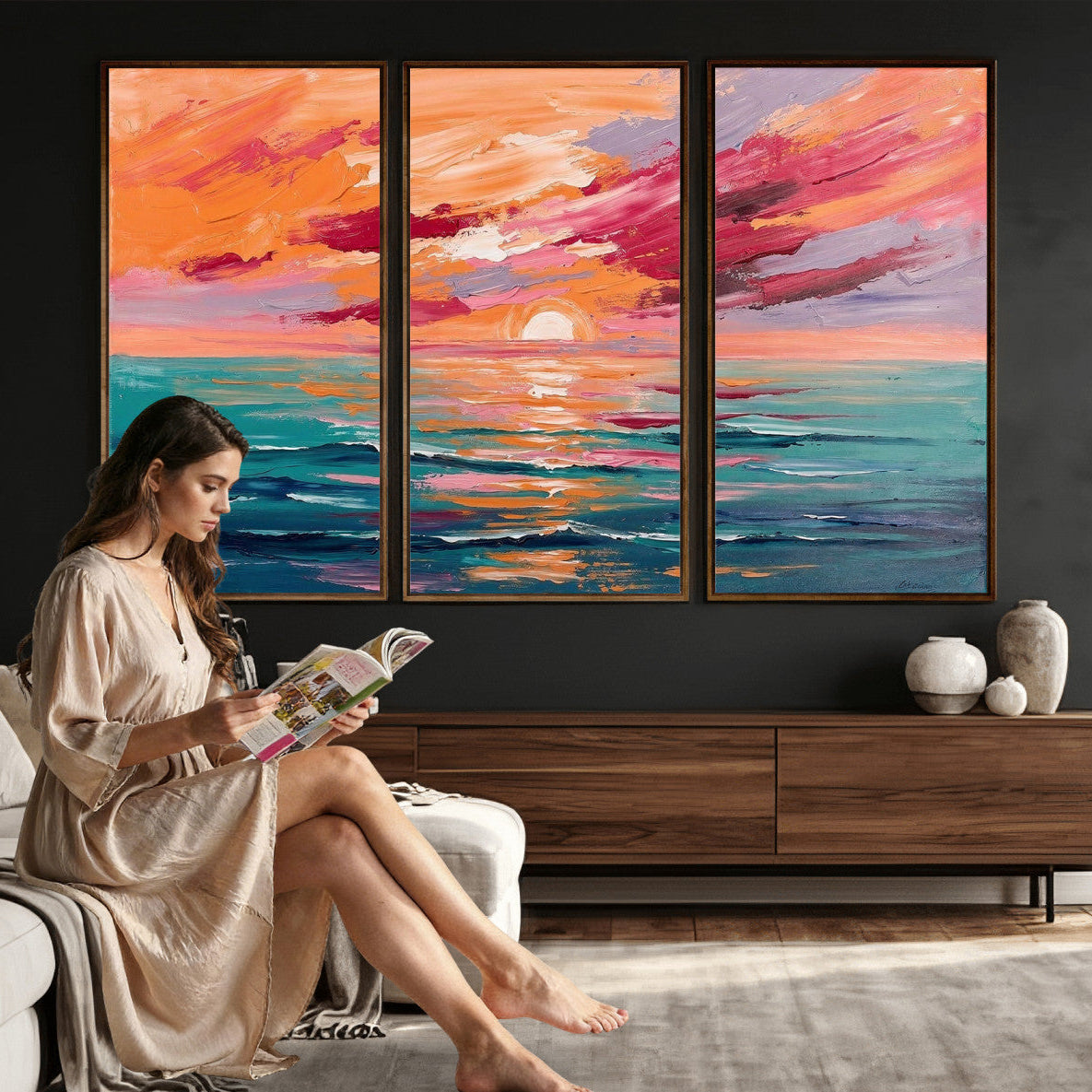 Bold Palette Knife Ocean Sunset Canvas — Orange Pink Teal