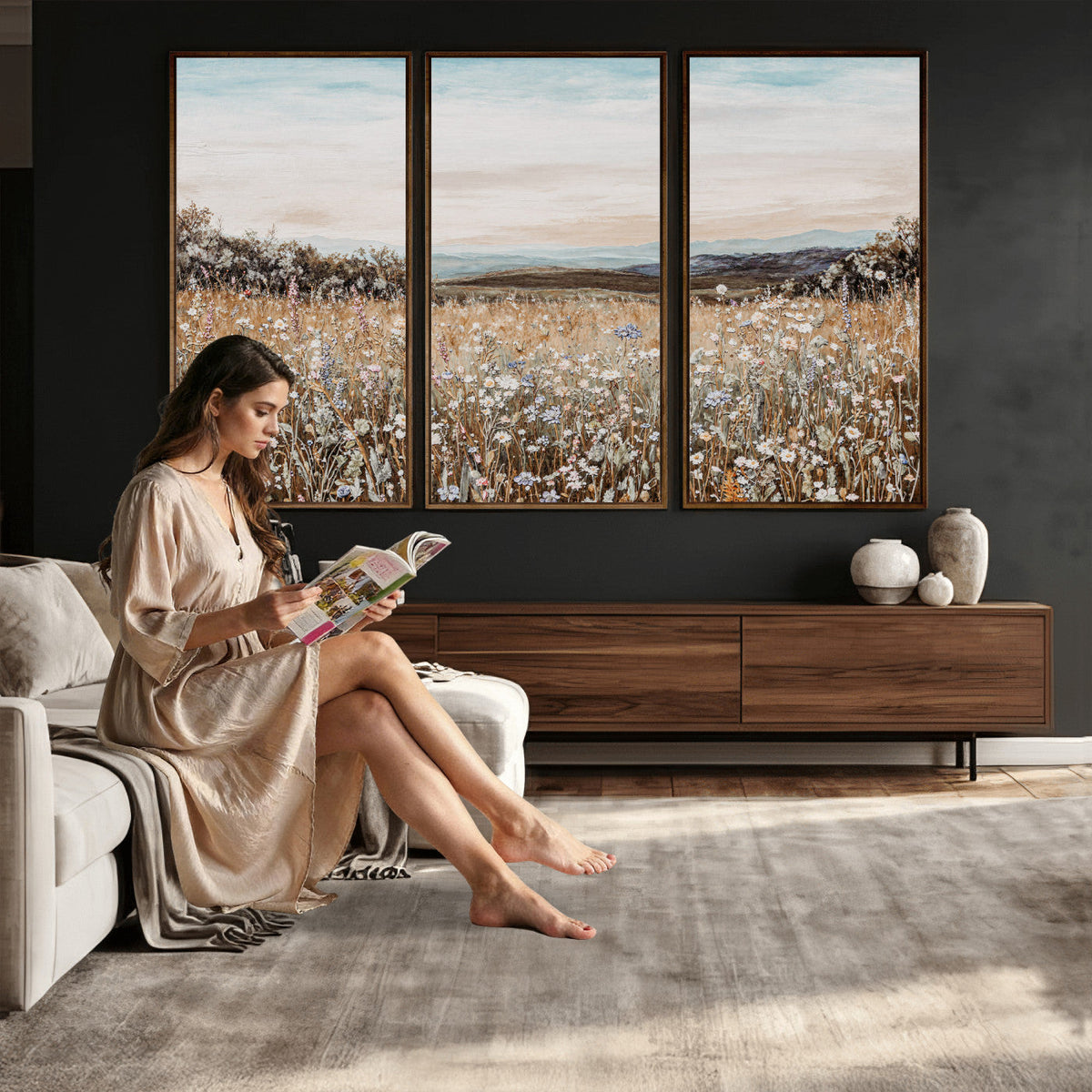 Neutral Wildflower Field Canvas Wall Art — Beige Earth Tone