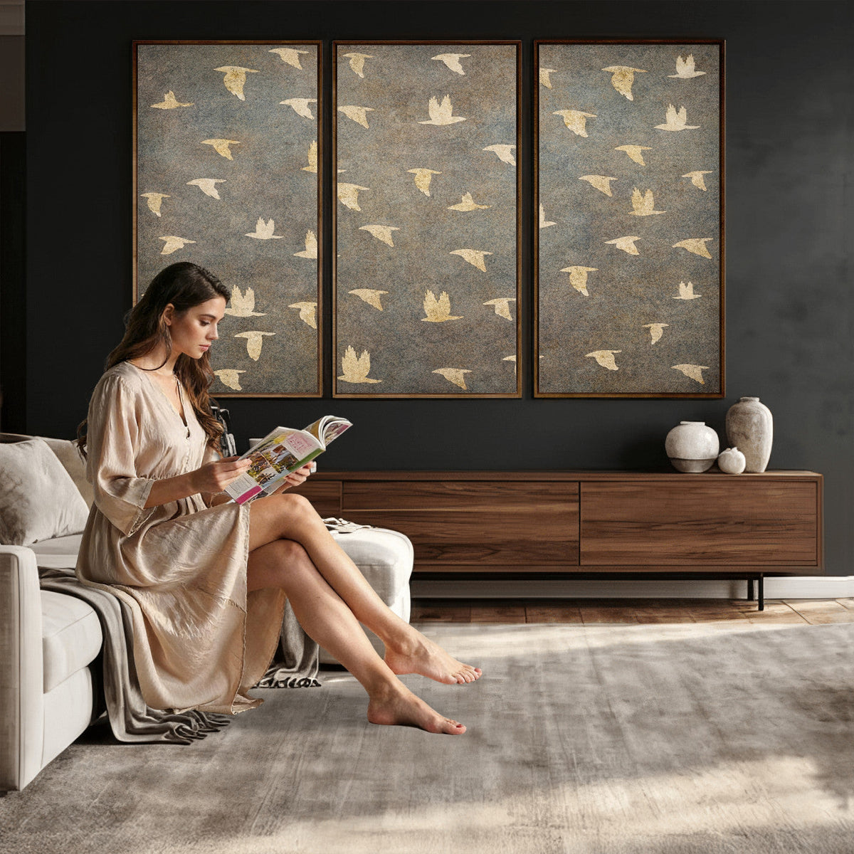 Flying Birds Canvas Wall Art, Vintage Bird Flock Pattern