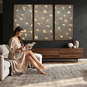 Flying Birds Canvas Wall Art, Vintage Bird Flock Pattern
