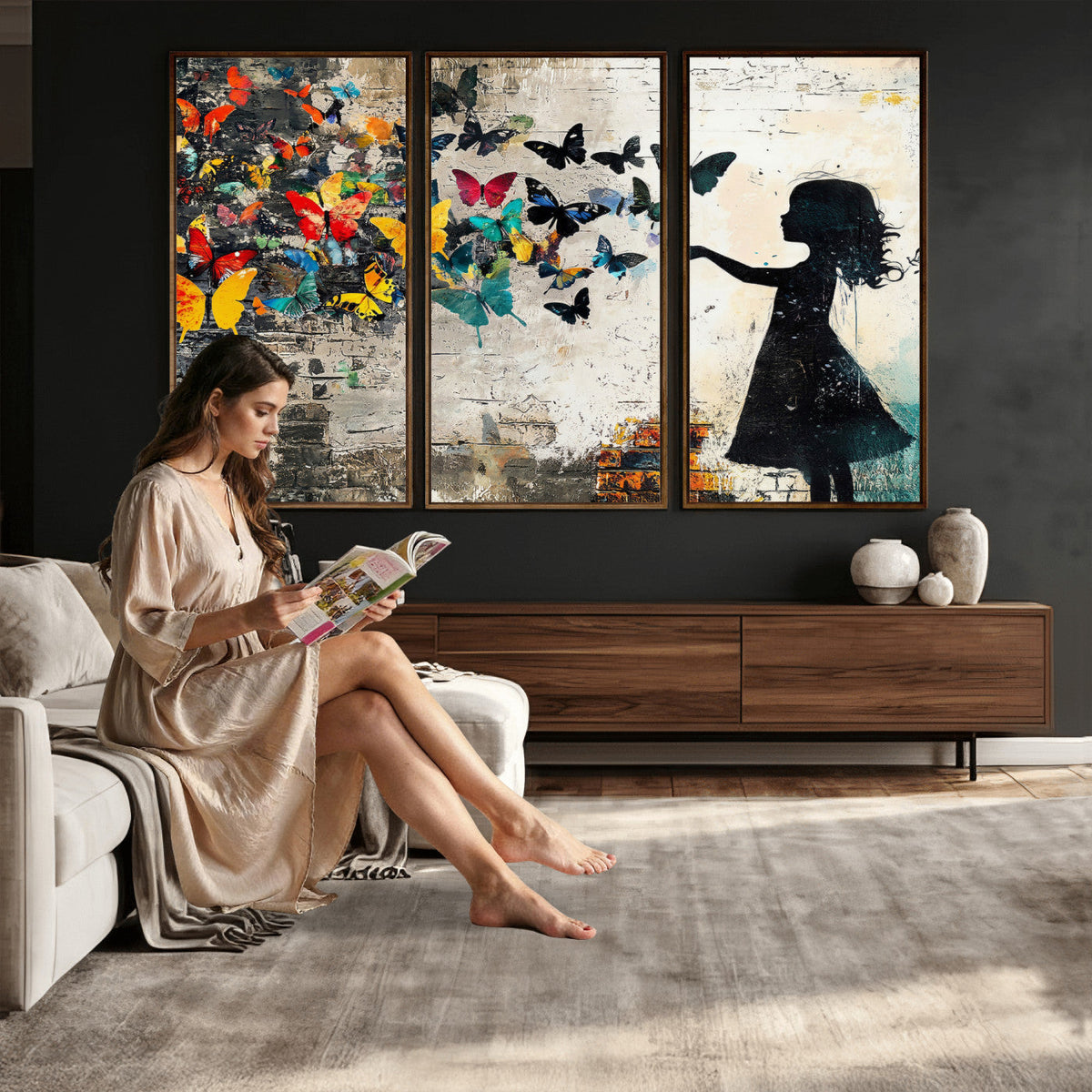 Banksy Butterfly Girl Wall Art Canvas Print, Framed Street