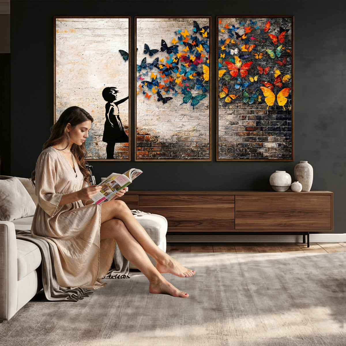 Banksy Graffiti Butterfly Girl Wall Art Canvas Print, Framed