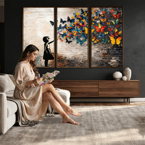 Banksy Graffiti Butterfly Girl Wall Art Canvas Print, Framed