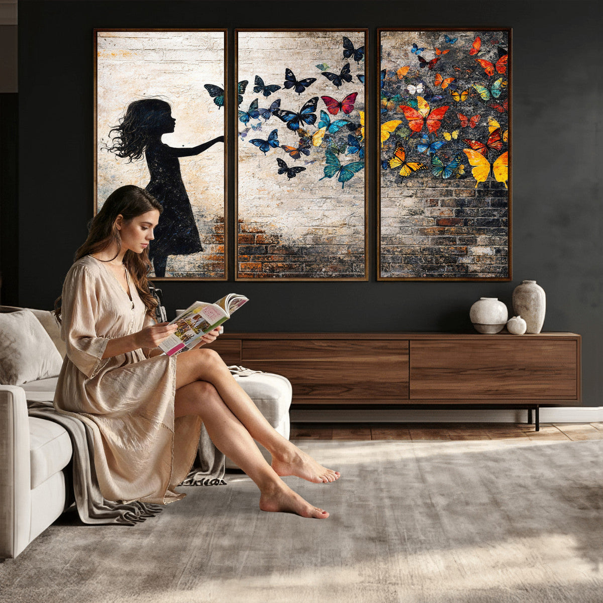 Banksy Butterfly Girl Wall Art Canvas Print, Framed Street