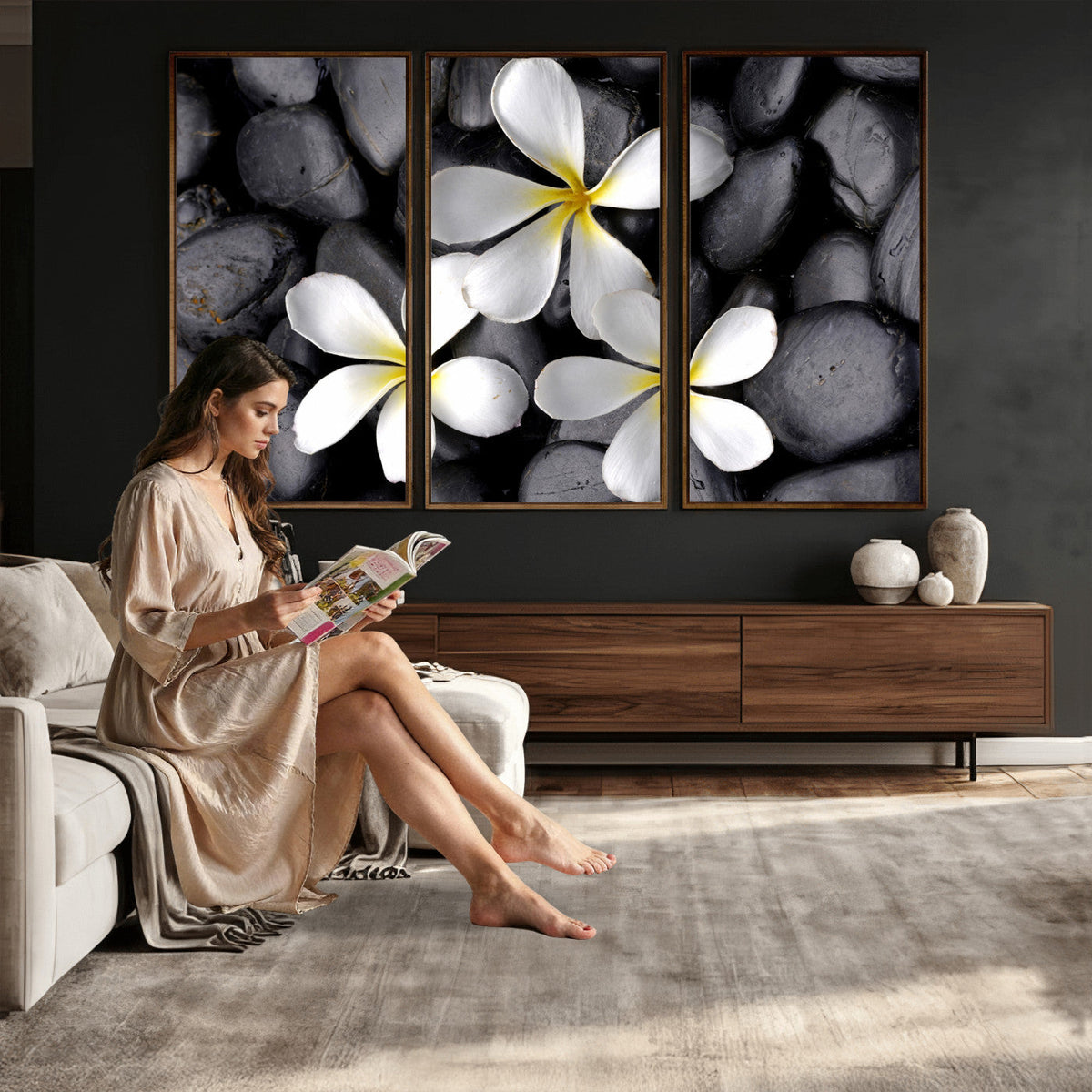 Plumeria Frangipani Black Stone Canvas | White Flower Spa