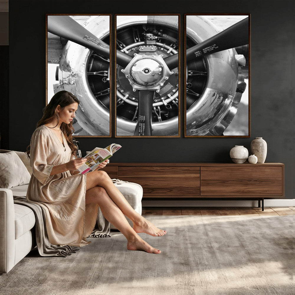 Vintage Propeller Plane Wall Art Canvas Print, Black and