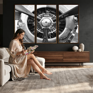 Vintage Propeller Plane Wall Art Canvas Print, Black and