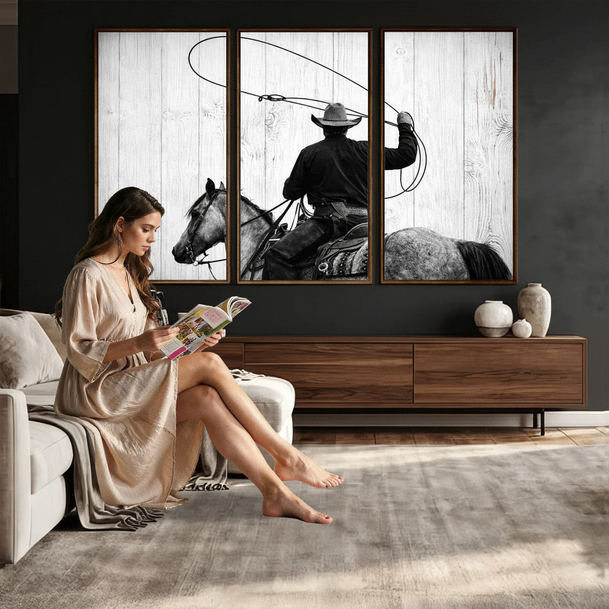 Cowboy Lasso Canvas Wall Art, Black White Western Horse
