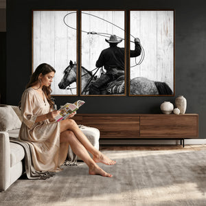 Cowboy Lasso Canvas Wall Art, Black White Western Horse