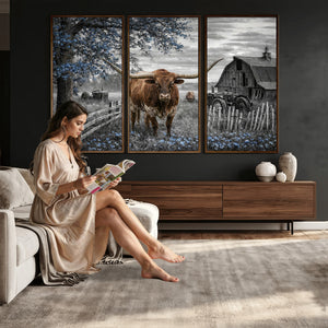 Texas Longhorn Canvas Wall Art, Rustic Farm Barn Bluebonnet