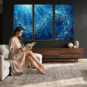 School of Fish Canvas Print | Blue Ocean Underwater Wall Art