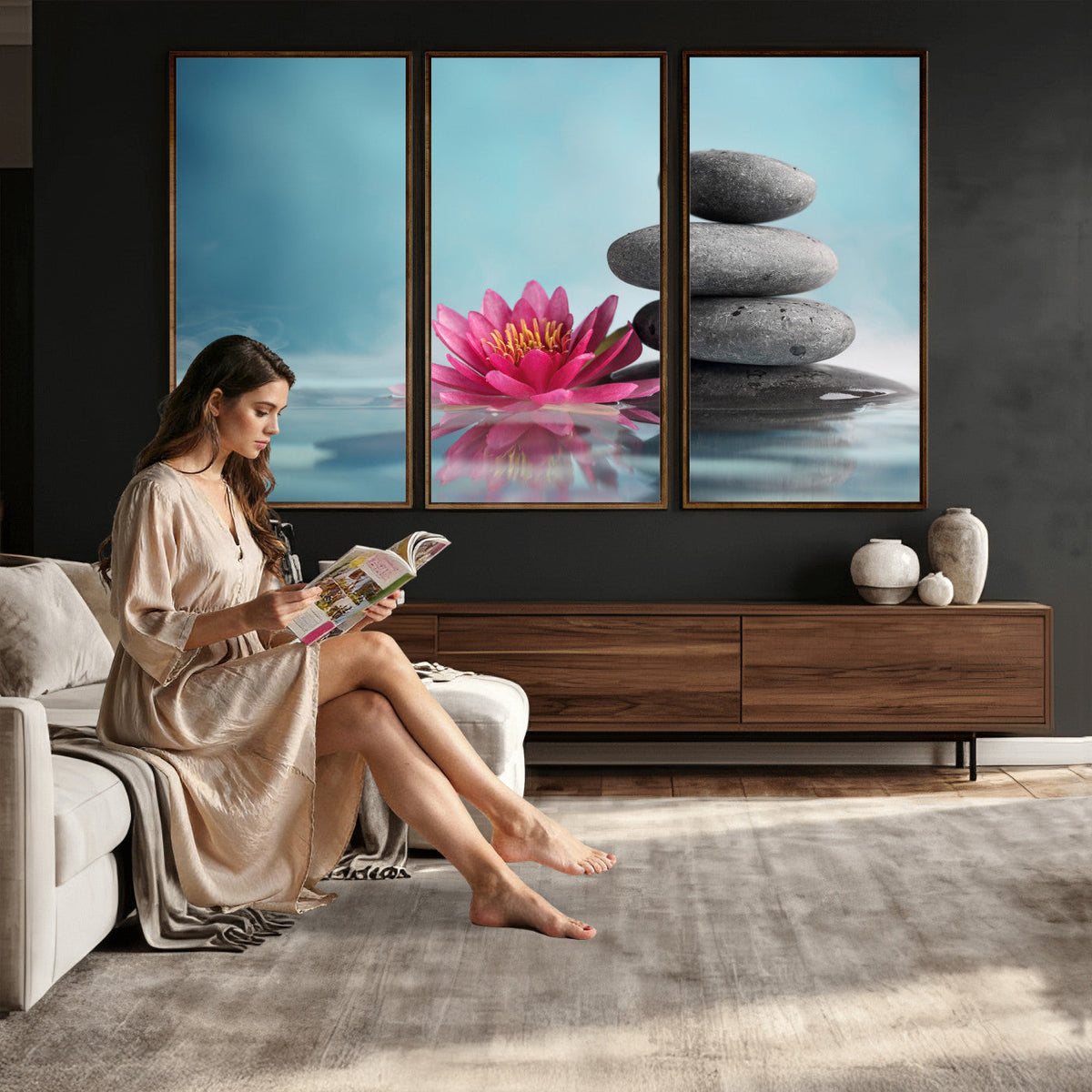 Zen Canvas Wall Art Lotus Flower Stacked Stones Teal Spa
