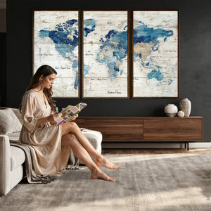 Watercolor World Map Canvas Wall Art Print – Abstract