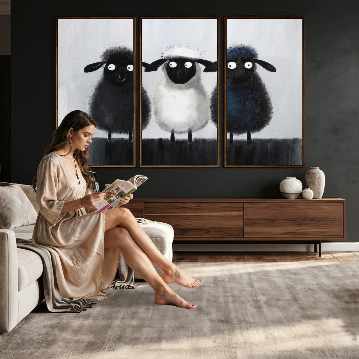 Funny Sheep Canvas Wall Art, Three Quirky Sheep Painting Print, Cute Animal Nursery Decor, Black White Navy Farmhouse Art, Kids Room Gift