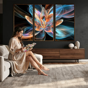 Fractal Lotus Canvas Wall Art, Blue Orange Glowing Flower Abstract Print, Modern Zen Meditation Room Decor, Ethereal Digital Art, Living Room