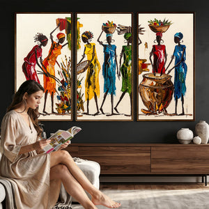 African Folk Art Canvas Wall Art, Colorful African Women Village Painting Print, Tribal Ethnic Home Decor, Vibrant African Art, Living Room