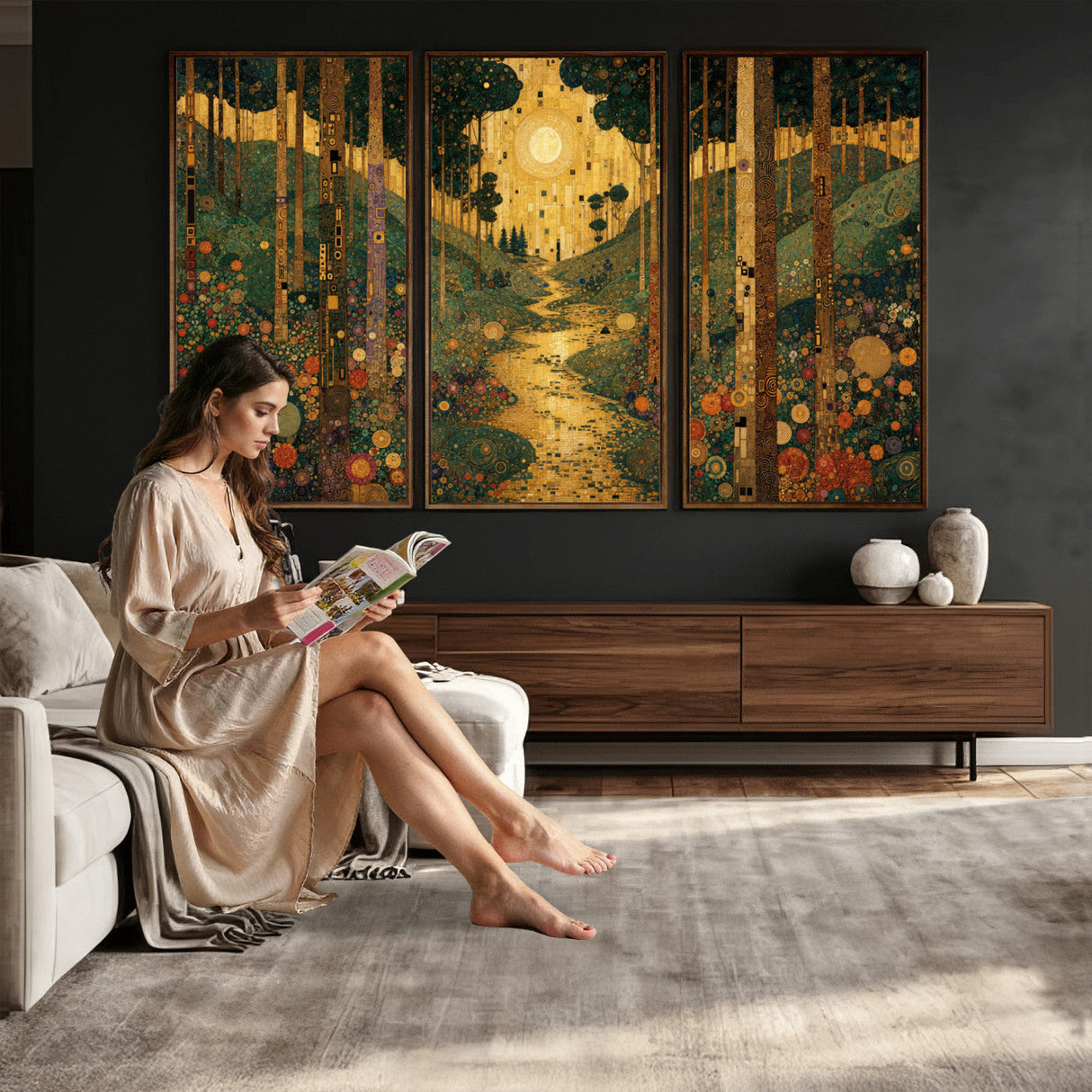 Gustav Klimt Style Forest Canvas Wall Art, Golden Forest Path Floral Art Nouveau Print, Enchanted Woodland Decor