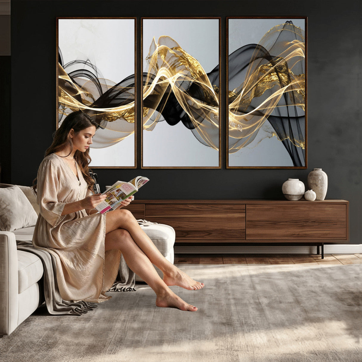 Black and Gold Abstract Wall Art, Modern Wave Canvas Print, Elegant Flowing Smoke Art, Luxury Living Room Decor