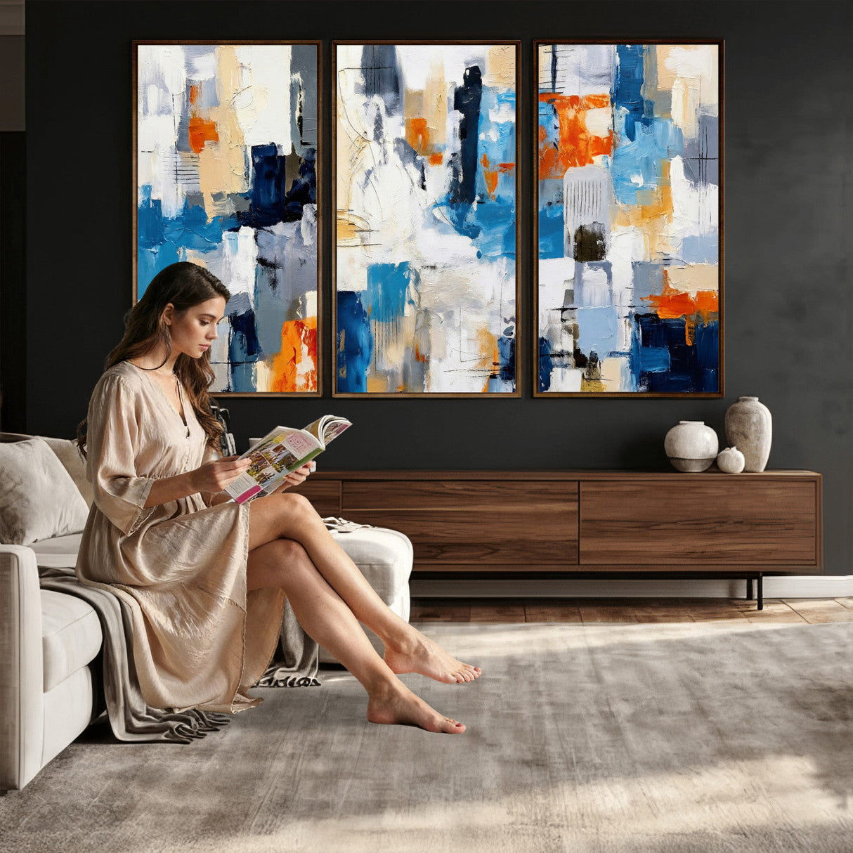 Blue Teal Abstract Canvas Wall Art, Modern Textured Painting Print, Navy Orange White Contemporary Art, Neutral Living Room Decor, Office Art