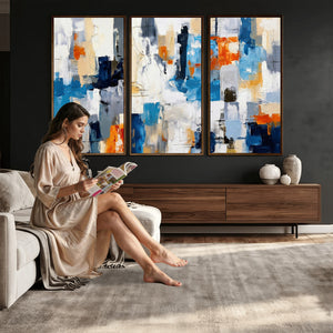 Blue Teal Abstract Canvas Wall Art, Modern Textured Painting Print, Navy Orange White Contemporary Art, Neutral Living Room Decor, Office Art