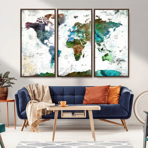 Modern Watercolor World Map Canvas Wall Art – Framed