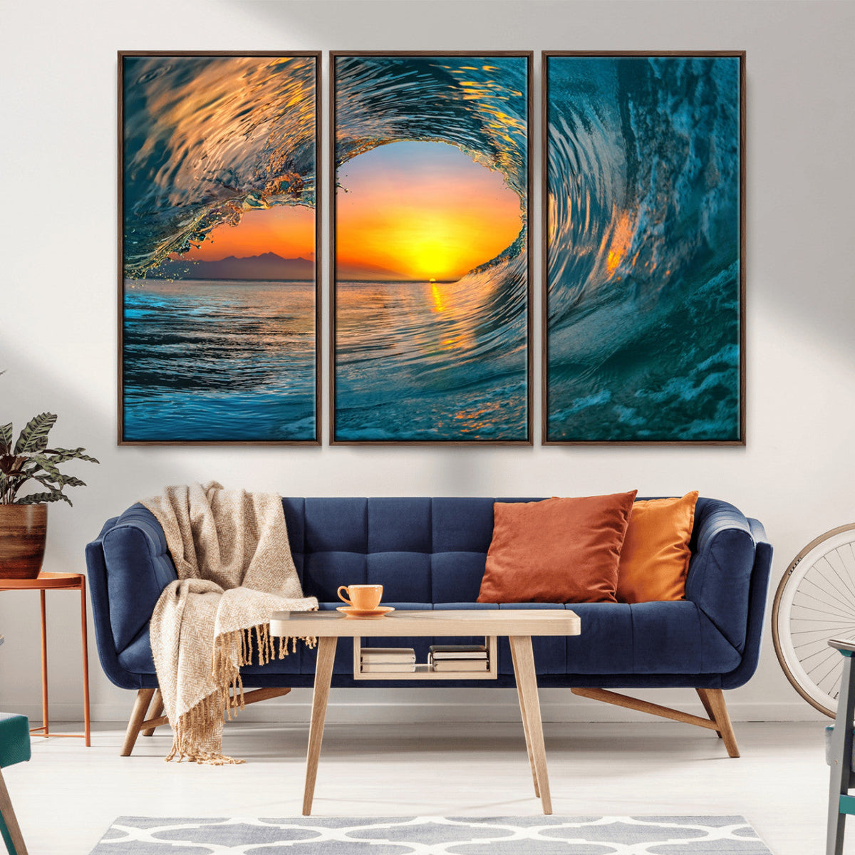 Ocean Wave Sunset Wall Art | Large Coastal Wave Canvas Print
