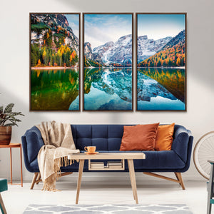 Spectacular autumn view of Braies Lake Wall Art Canvas Print