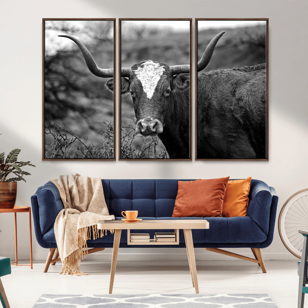 Western Home Wall Art Canvas Print, Framed Texas Longhorn