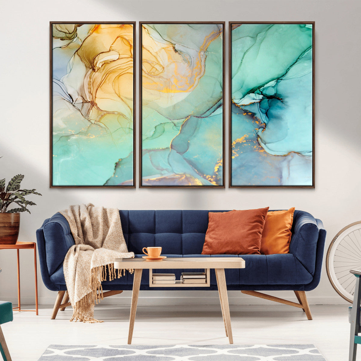 Abstract Aqua and Gold Fluid Wall Art Canvas | 3 Panel Large