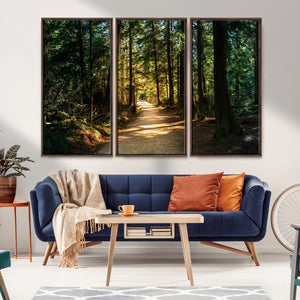 Sunlit Forest Pathway Canvas Print | 3 Panel Large Nature