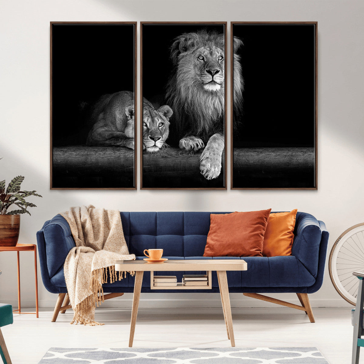 Large Black and White Lion Couple Wall Art Canvas Print –