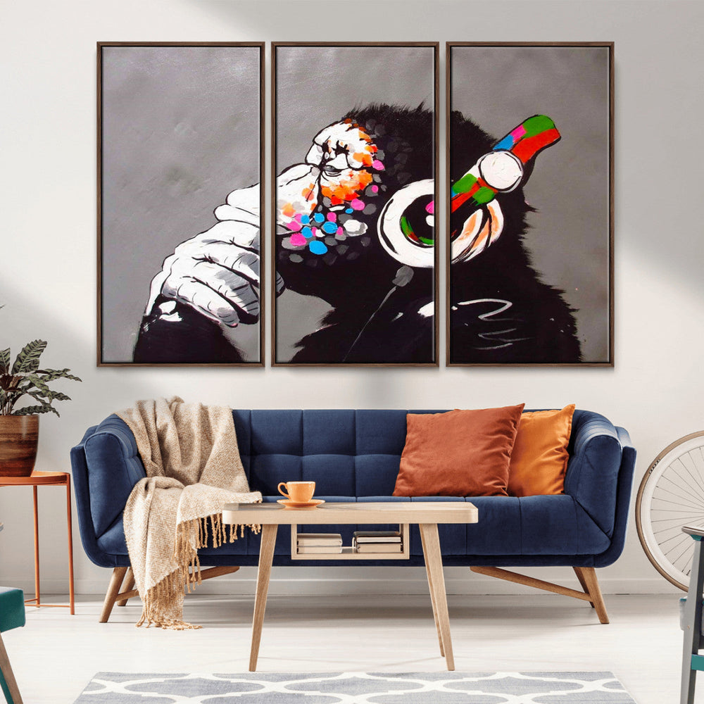 Dj Monkey Listening to Music Wall Art Print | Banksy Monkey