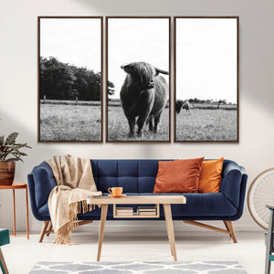 Black and White Highland Cow Wall Art Canvas Print | Rustic