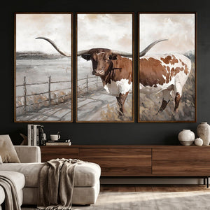 Vintage Texas Cow Wall Art Canvas Print, Rustic Longhorn