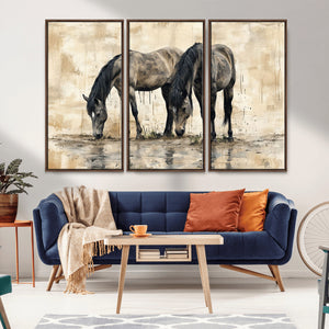 Chinese Style Abstract Black Horses Wall Art Canvas Print -