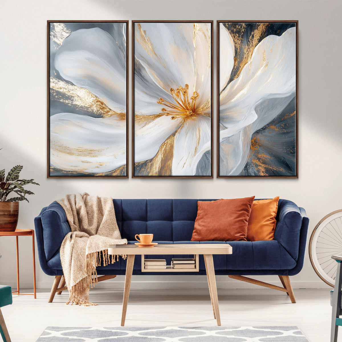 White and Gold Floral Canvas Wall Art - Framed and Ready to