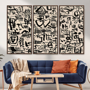 Abstract Love and Chaos Canvas Print, Black Symbols on Beige