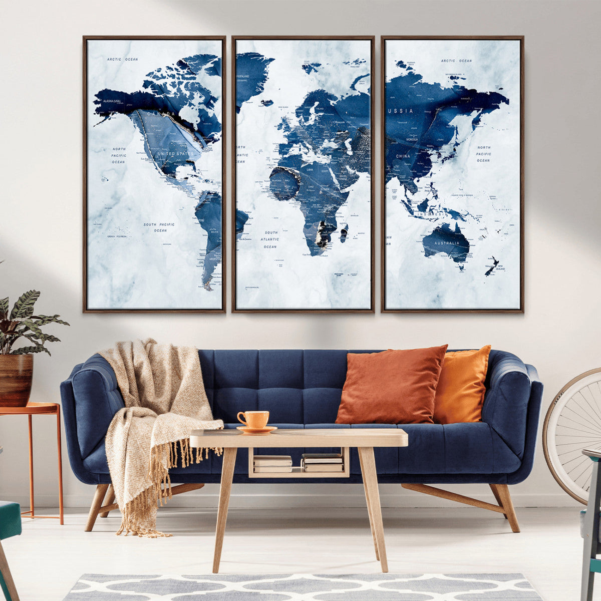 Modern Blue World Map Canvas Print – Framed Wall Art,