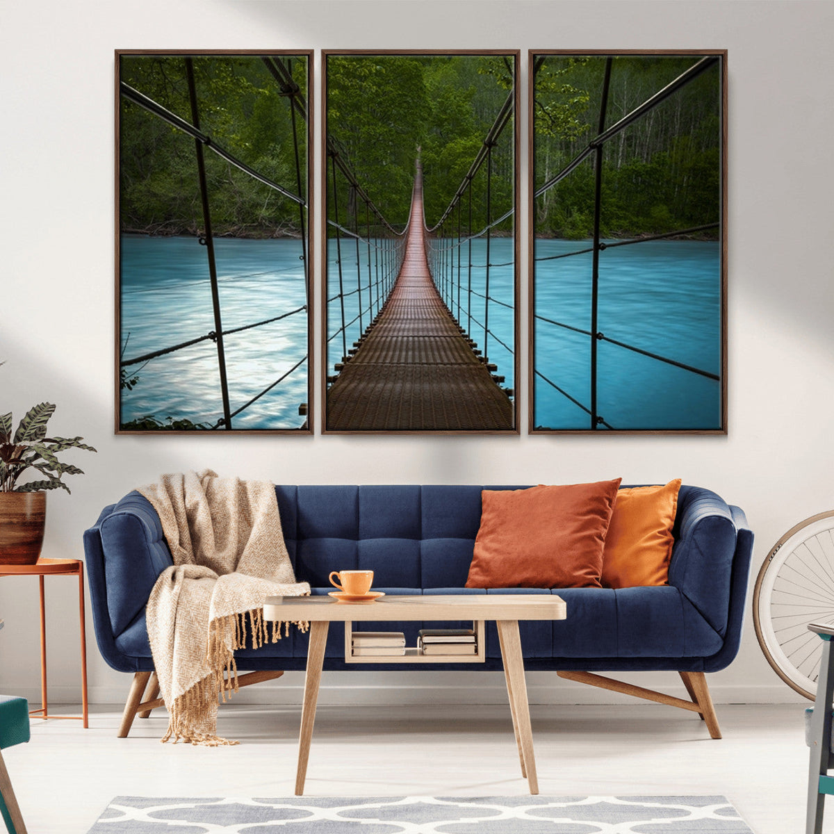 Suspension Bridge Over River Canvas Art | 3-Panel Nature