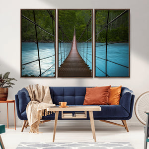 Suspension Bridge Over River Canvas Art | 3-Panel Nature