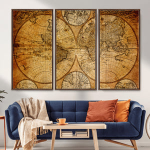 Vintage World Map Canvas Print – Antique Push Pin Travel