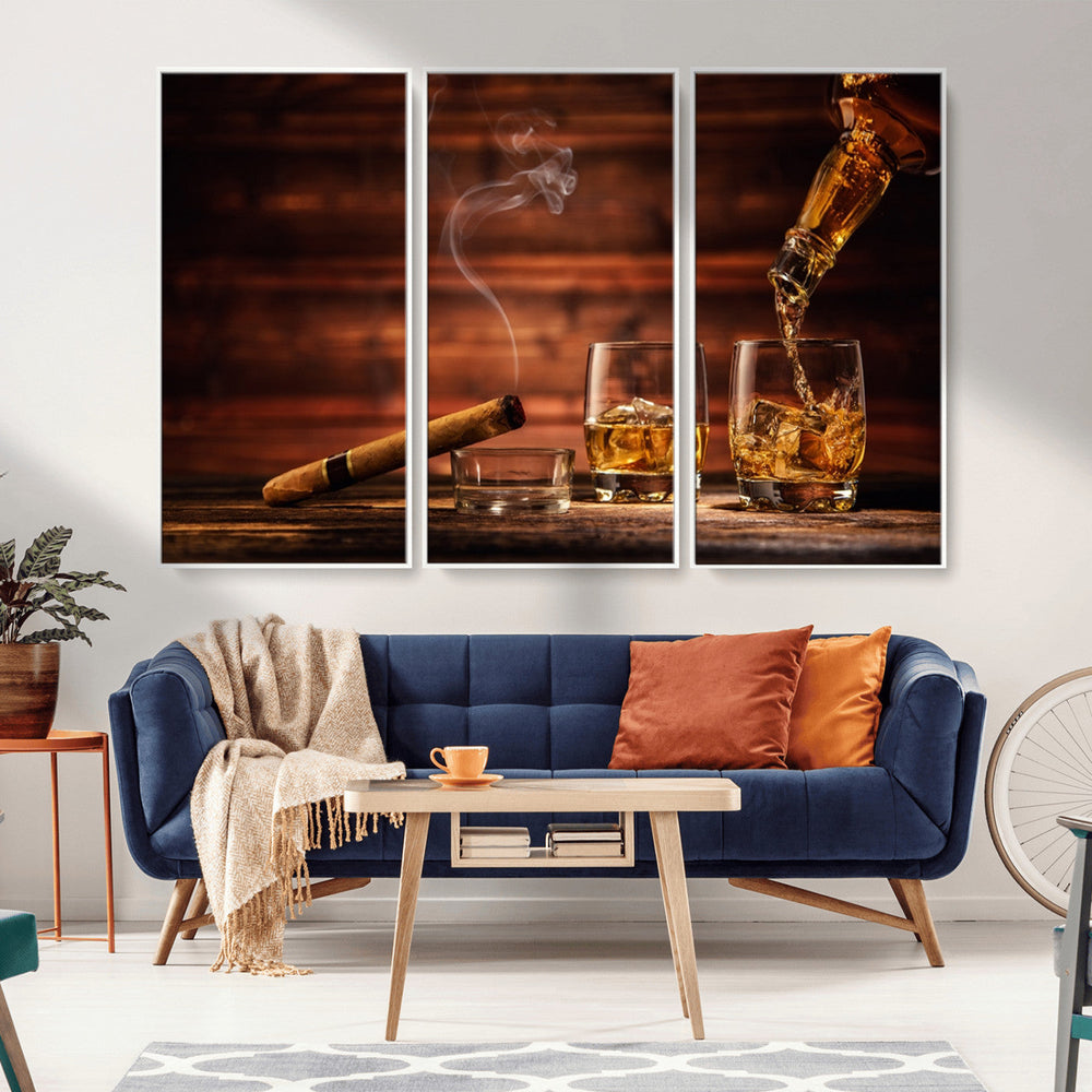 Whiskey and Cigar Wall Art Canvas | 3 Panel Bar Room Decor