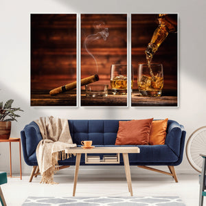 Whiskey and Cigar Wall Art Canvas | 3 Panel Bar Room Decor