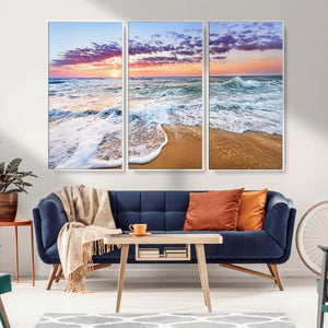 Coastal Sunset Art Beach Canvas Wall Art Print | Ocean Waves