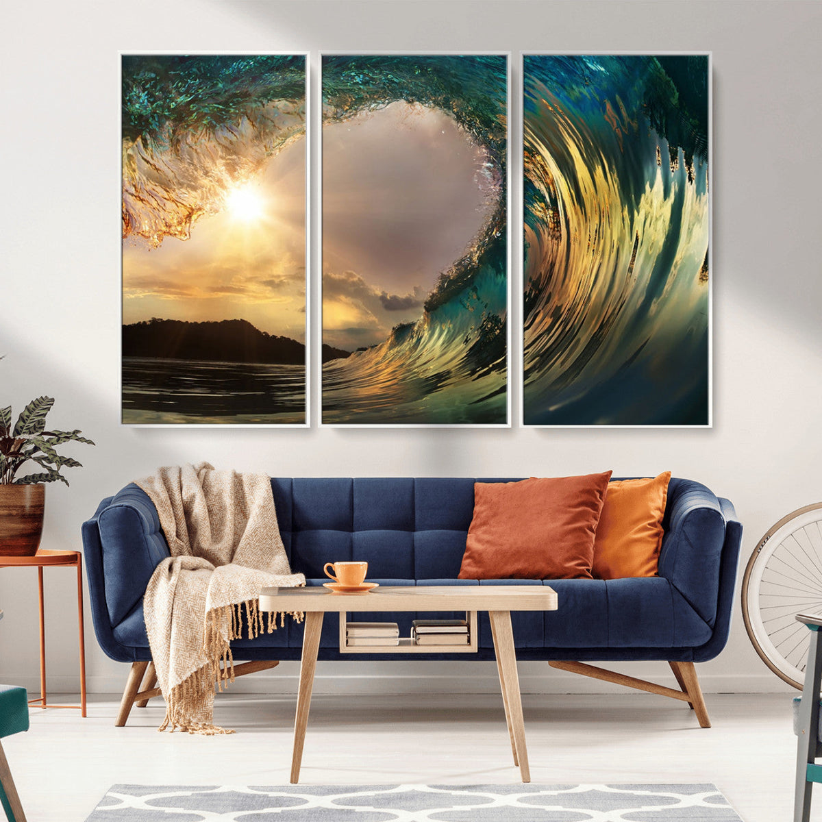 Golden Wave Sunset Canvas Print – Large Coastal Wall Art for